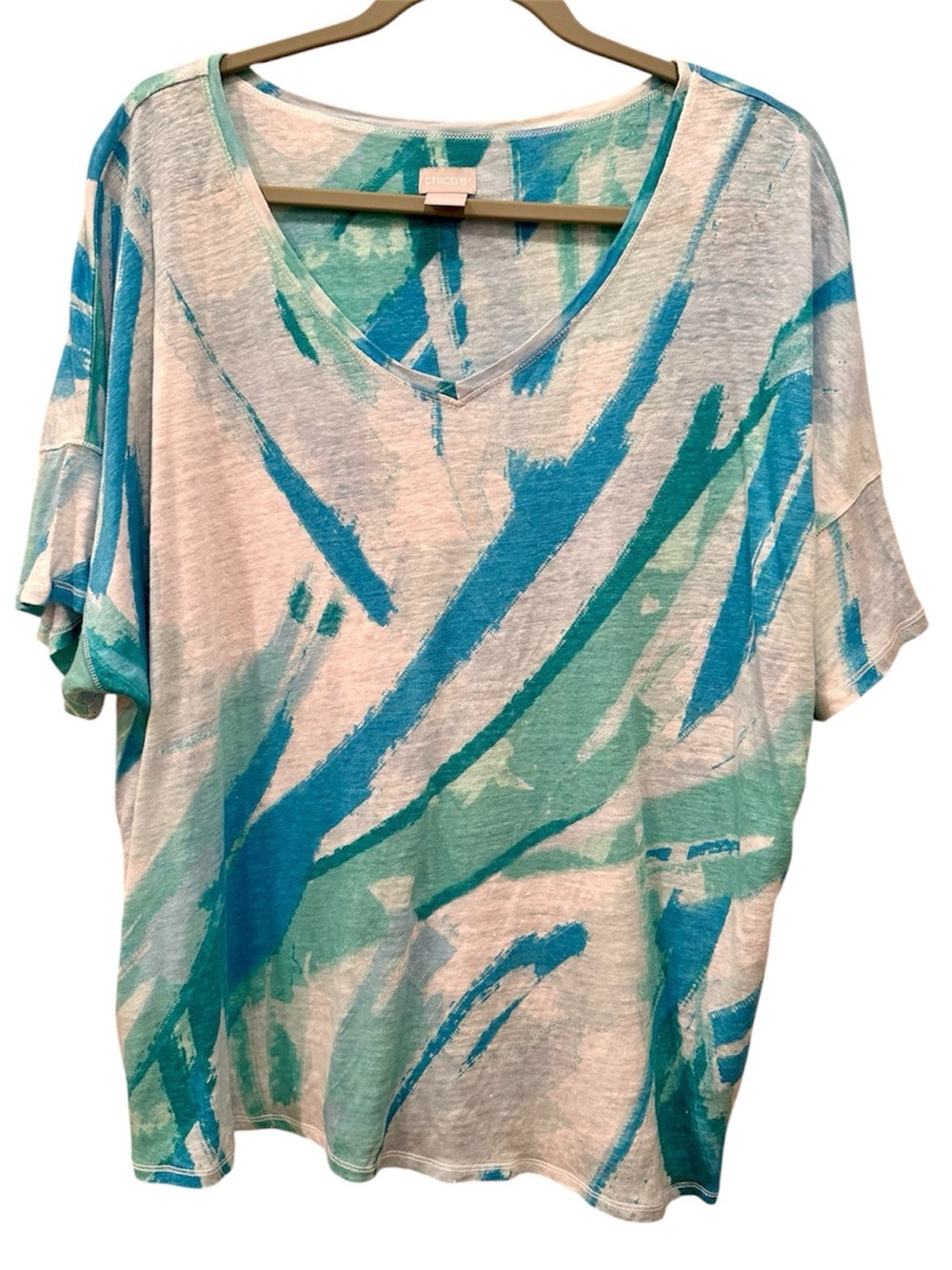 Chico's 100% Linen Abstract V-Neck Short Sleeve Top Easy Tee Summer Sz 4 XXL